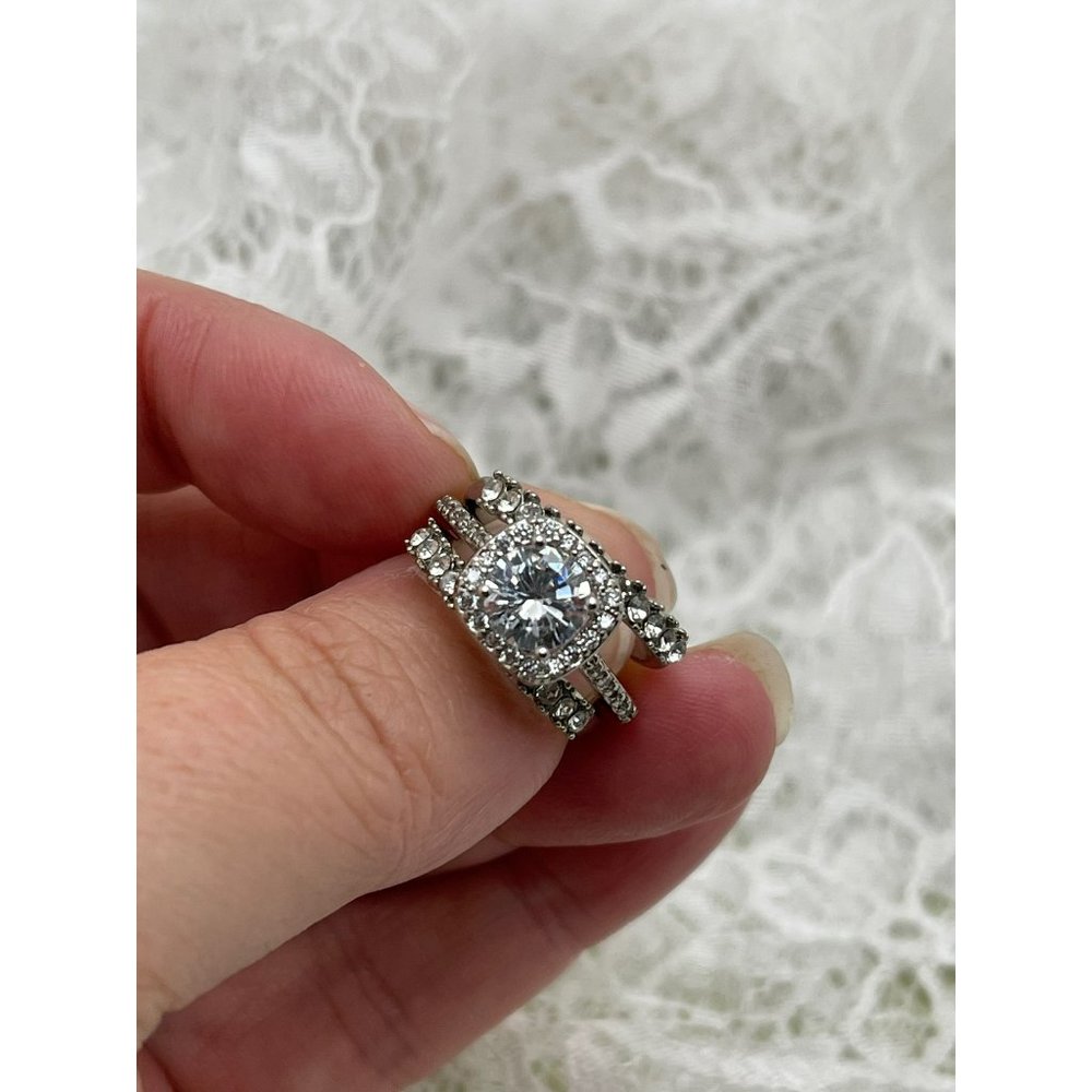 Square Halo Round Cut Faux Diamond Ring & Stacked Ring Set Silver 925- 3 Rings - Picture 5 of 11